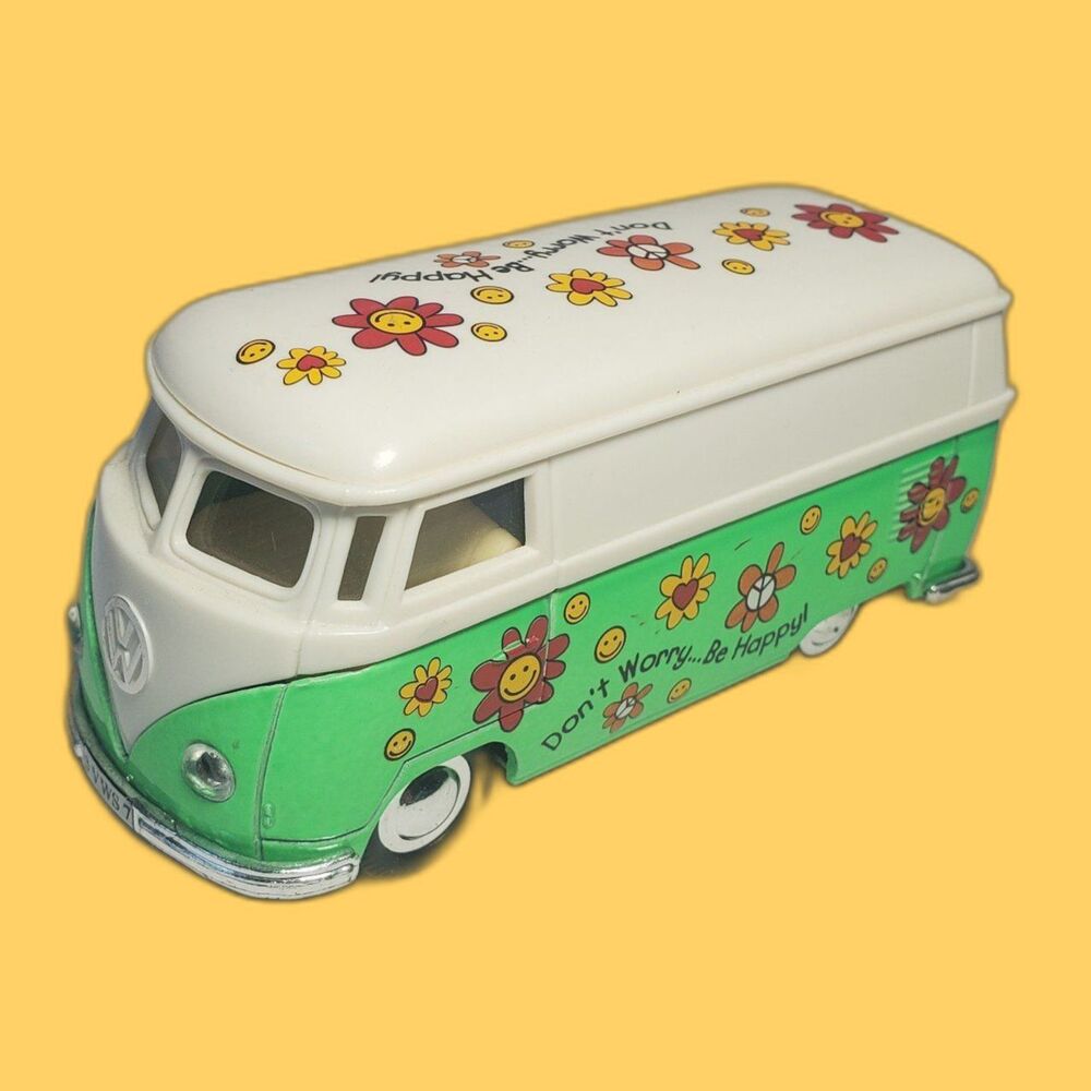 VW Volkswagen Van Die-Cast Vintage Toy Car Sliding Doors Flowers Be Happy